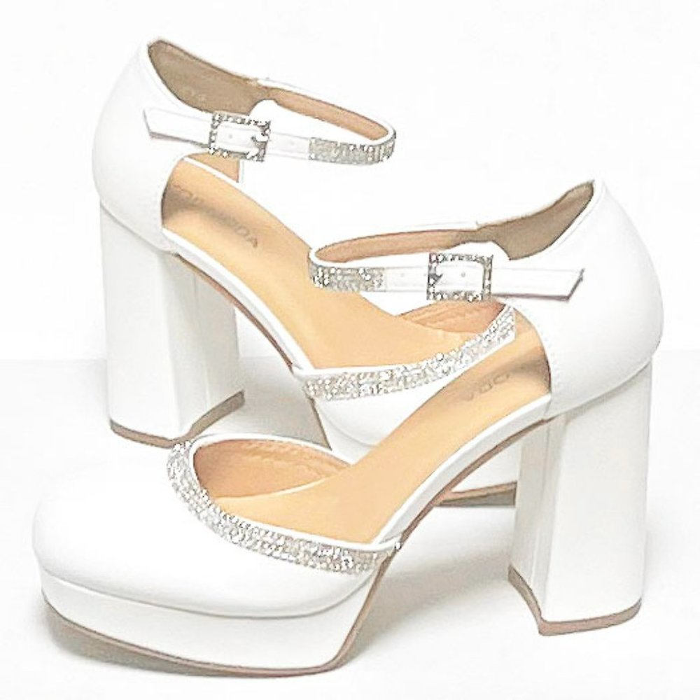 New White Rhinestone Mary Jane Platform Chunky Heel Pumps